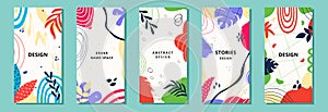 Abstract summer backgrounds, social media template. Floral tropical leaf frame collection, vertical banner leaf pattern