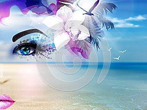 Abstract Summer collage with woman face and blue sea, sky, sunshine and beach.