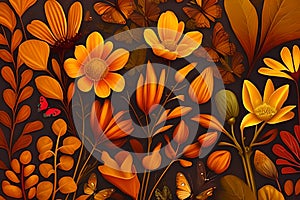 Abstract Summer Flower Background with Butterflies and Leaves. Generative AI