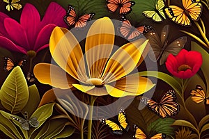 Abstract Summer Flower Background with Butterflies and Leaves. Generative AI