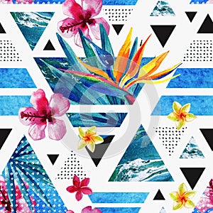 Abstract summer geometric seamless pattern with exotic flowers