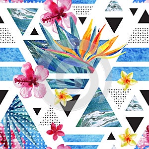 Abstract summer geometric seamless pattern with exotic flowers