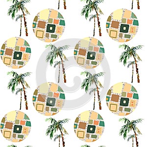 Abstract summer geometric seamless pattern. Watercolor palm tree, circles background. Water color floral, minimal elements. Hand p