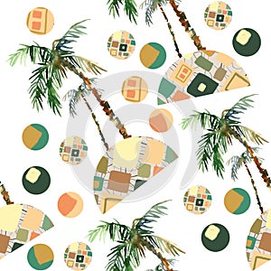 Abstract summer geometric seamless pattern. Watercolor palm tree, circles background. Water color floral, minimal elements. Hand p