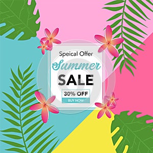 Abstract summer sale background with palm leaves and beautiful flower. Summer sale banner template for social media