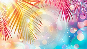 Abstract summer tropical colorful background with palm leaves and bokeh lights.