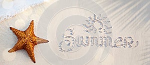 Abstract summer tropical holidays banner sandy beach and wave on the edge of clear water, starfish on the sand and an inscription