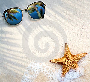 Abstract summer tropical holidays banner sandy beach and wave on the edge of clear water, starfish on the sand summer vacation