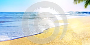 Abstract summer vacation background of blurred beach sand, palm tree and sea waves