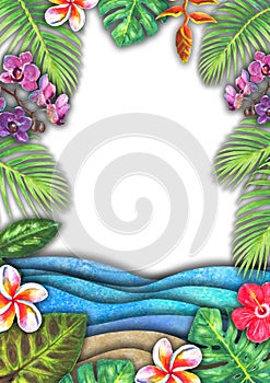 Abstract summer watercolor sea wave, sand beach, tropical plants background