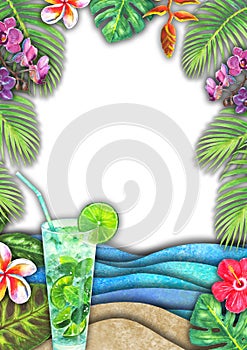 Abstract summer watercolor sea wave, sand beach, tropical plants, mojito cocktails background