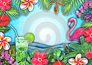 Abstract summer watercolor sea wave, sand beach, tropical plants, mojito cocktails background