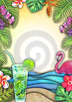 Abstract summer watercolor sea wave, sand beach, tropical plants, mojito, flamingo background