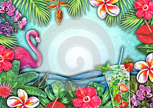 Abstract summer watercolor sea wave, sand beach, tropical plants, mojito, flamingo background