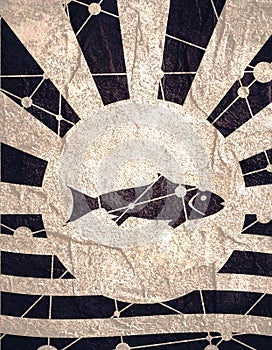 Sun rays backdrop with fish icon