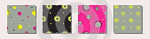 Abstract sun, circle, polka seamless pattern set.