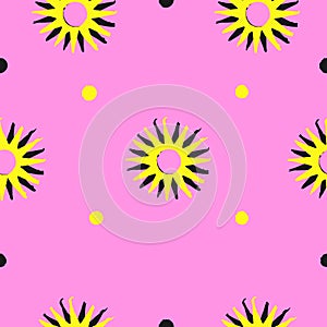 Abstract sun and dot seamless repeat pattern.