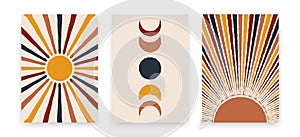 Abstract sun moon posters. Contemporary backgrounds, set of covers modern boho style. Mid century wall decor, vector art print