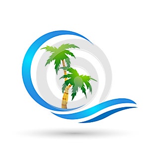 Abstract sun and sea waves coconut tree palm tree tropical beach logo element icon design vector on white background