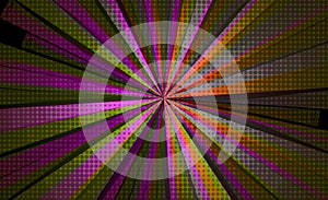 Abstract sunburst and rays comic cartoon green purple and orange, pop art polka dots style