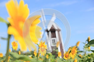 Winmill in sunflower field photo