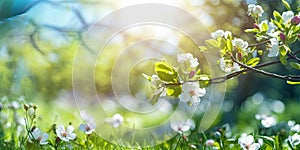 Abstract sunny spring background with blooming flowers and trees. Summer meadow field with grass and bokeh wallpaper landscape.