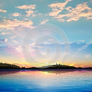 Abstract sunset background with forest lake