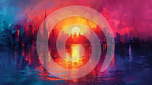 Abstract sunset cityscape with vibrant colors and reflections