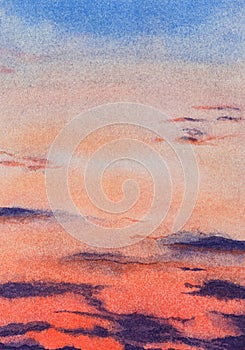 Abstract sunset clouds sky watercolor background. Hand drawn painting art