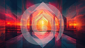 Abstract Sunset Corridor Glass Architecture Pathway