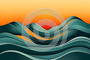 Abstract sunset over rolling waves warm orange teal hues capturing dynamic blend of motion color in vibrant modern design photo