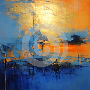 Abstract Sunset Painting In Blue And Orange Colors