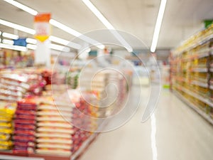 Abstract supermarket shelfs blured background with bokeh lights.