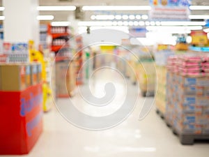 abstract supermarket shelfs blured background with bokeh lights.