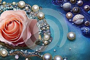 Abstract surreal art background, beautiful rose, pearls and precious jewellery. Generative Ai