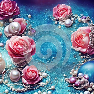 Abstract surreal art background, beautiful rose, pearls and precious jewellery. Generative Ai