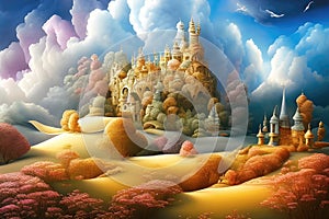 Abstract surreal background with magical gardens and castles in sepia color, modern art. Generative Ai