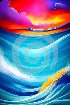 An abstract surreal depiction sky colorful sea and waves