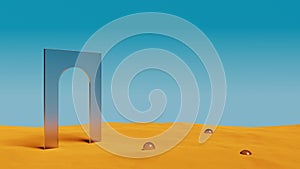 Abstract surreal desert landscape scene with geometrical forms.Arch glass on sand dune minimal background. 3D rendering