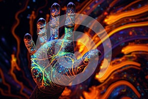 Abstract and surreal futuristic neon colored glowing hands