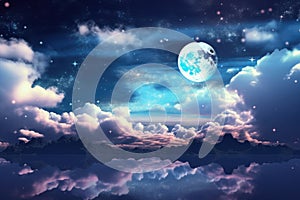 abstract and surreal landscape with a moonlit night sky, stars, and clouds