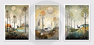 Abstract surrealistic autumn landscapes set. Trees, houses, sun, sky and woodland.