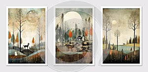 Abstract surrealistic autumn landscapes set. Trees, houses, sun, sky and woodland.