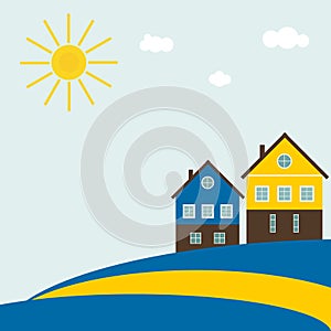 Abstract Swedish Flag With Traditional Houses, Clouds, Blue Sky And Sun