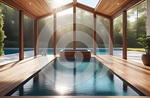 abstract swimming pool with blue water, big windows with natural view, wooden deck