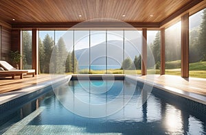 abstract swimming pool with blue water, big windows with natural view, wooden deck