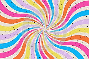 Abstract swirl background in groovy style. Vivid colorful backdrop. Retro sunburst vintage wallpaper. Vortex spiral