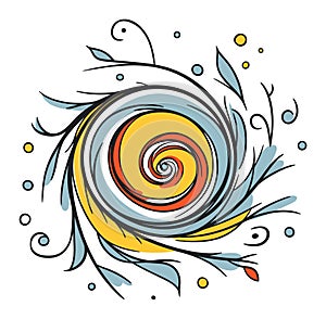 Abstract swirl design with blue and yellow leaves. Artistic spiral with foliage accents. Creative nature-inspired