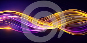 Abstract Swirl Striped Wave Yellow Purple Magical Neon Transparent Ribbon Lines on dark Background