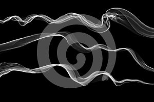 Abstract swirl white flame or Beautiful wavy smoke isolated over black background overlay. Fresh eco vawy set collection